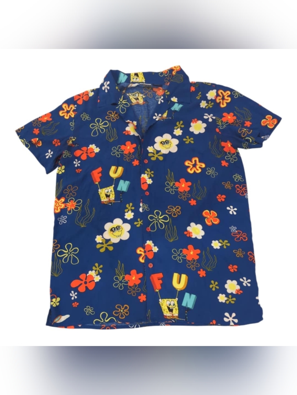 SpongeBob Floral F.U.N. Men's Hawaiian Button-Up Shirt - Sz L